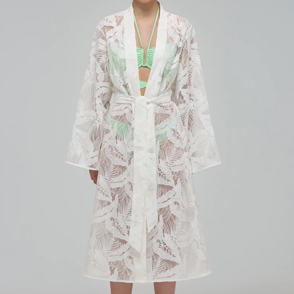 Self Portrait - White Tropical Leaf Embroidered Kaftan / Robe